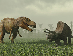 two fearsome dinosaurs facing off ready to fight