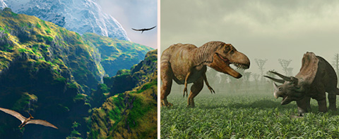 two pics, pterodactyls soar through a jungle valley, two aggressive dinosaurs face off