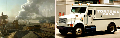 two pics, railway and industry scene with smoke billowing, a tortoise bank armored car in a city street