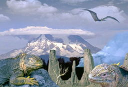 giant lizards bask in the foreground, huge snow-capped mountain in background, pterodactyl overhead