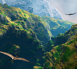 pterodactyl flying through jungle valley