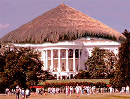 the white hut looks identical to the famous white house except it has a thatched roof